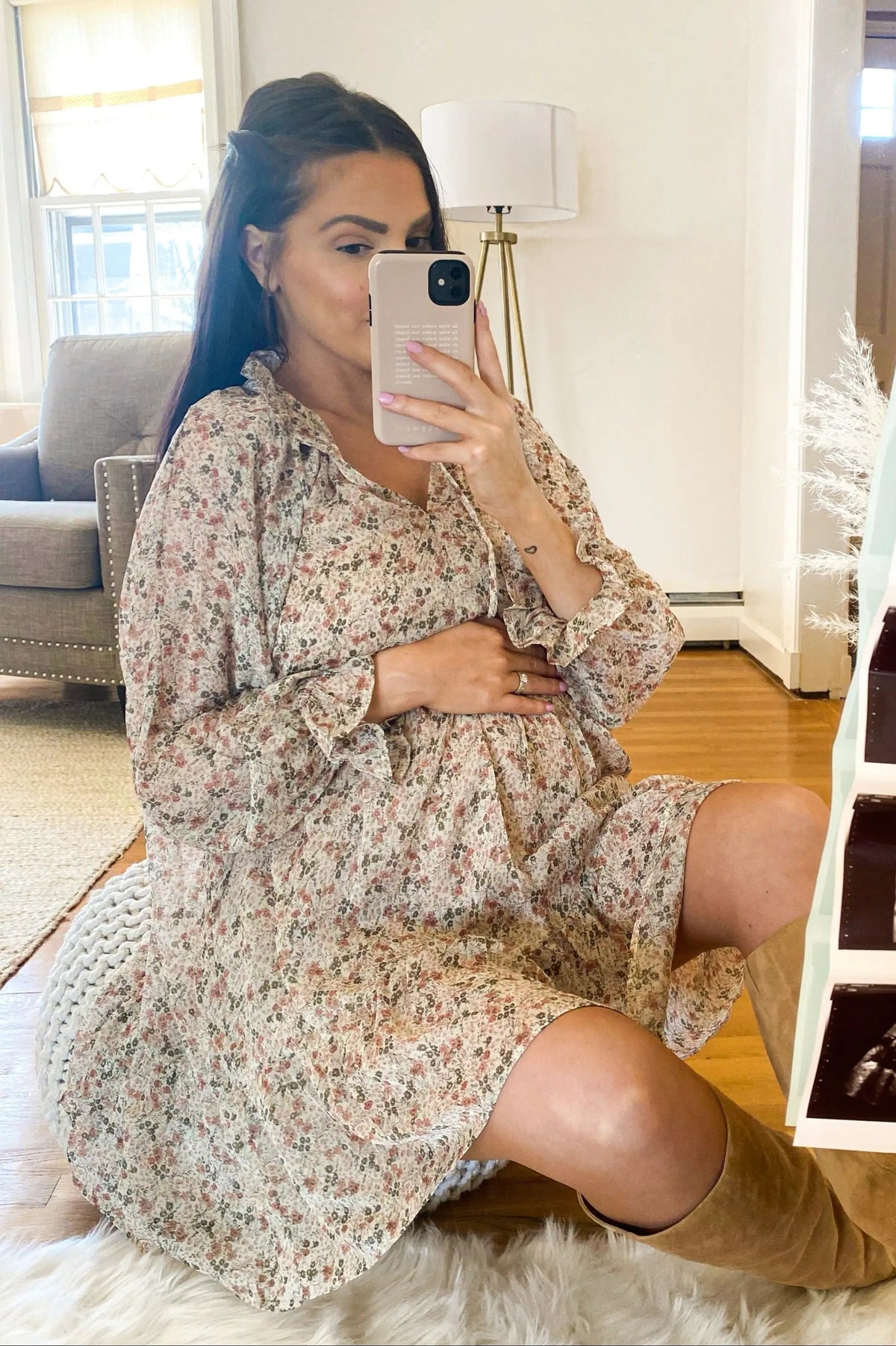 PinkBlush Cream Floral Chiffon Ruffle Hem Maternity Dress - 