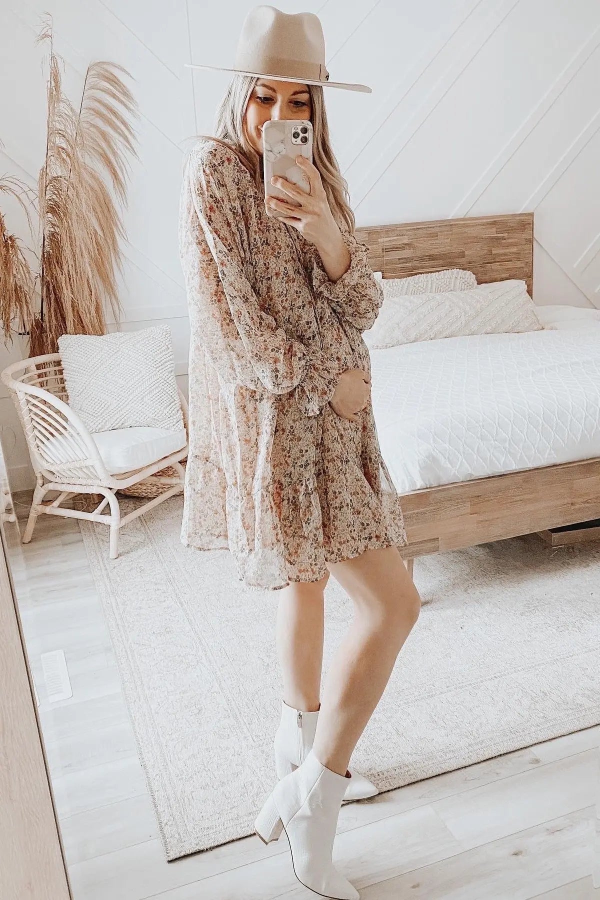 PinkBlush Cream Floral Chiffon Ruffle Hem Maternity Dress - 