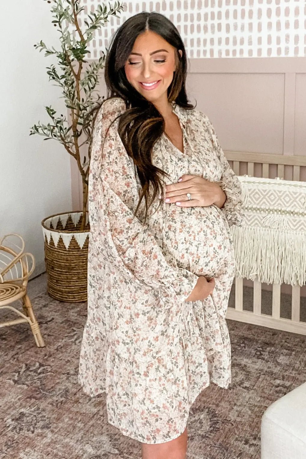 PinkBlush Cream Floral Chiffon Ruffle Hem Maternity Dress - 