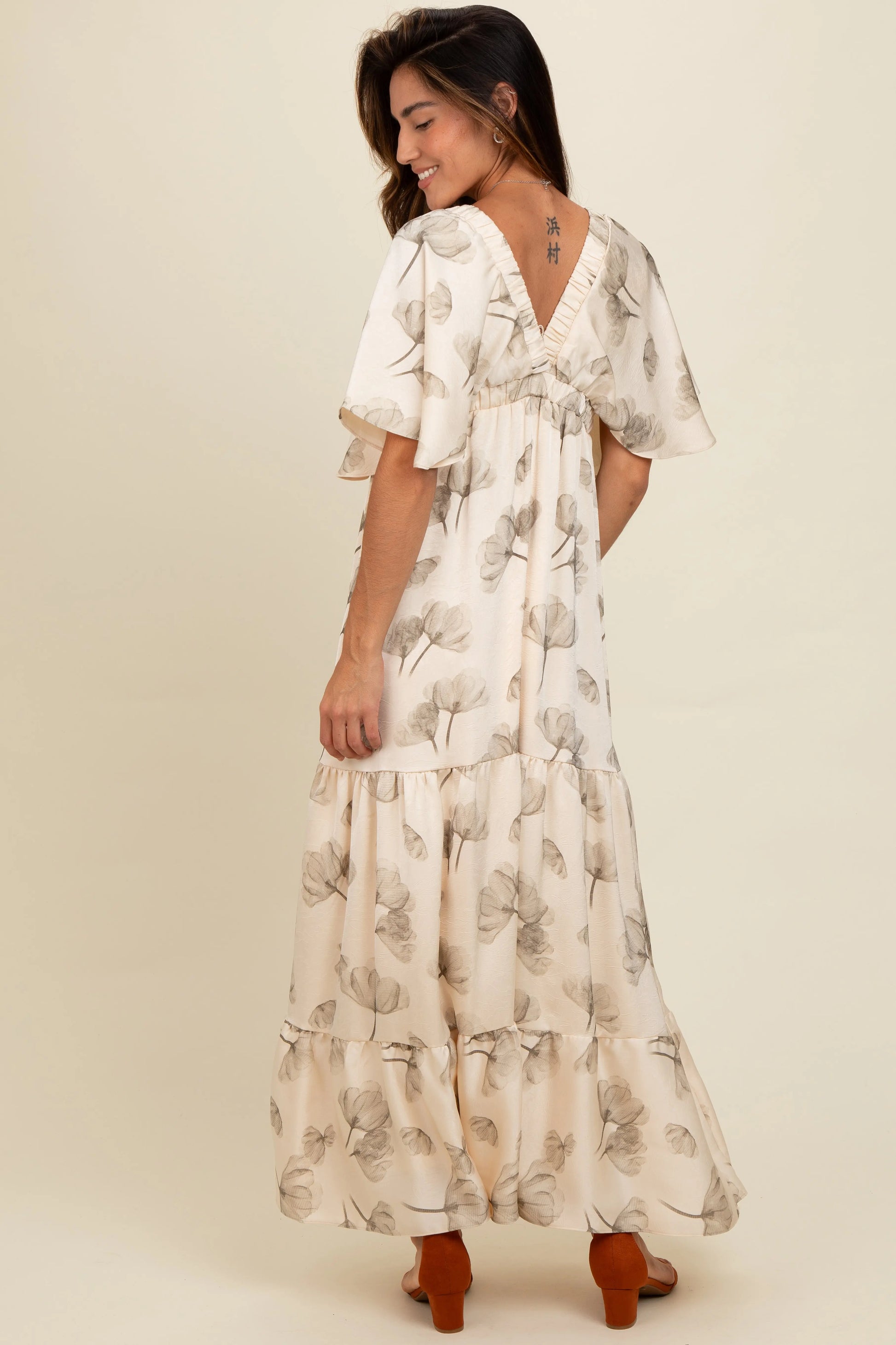 Cream Floral Deep V Neck Maxi Dress Elegant Timeless Silhouette PinkBlush