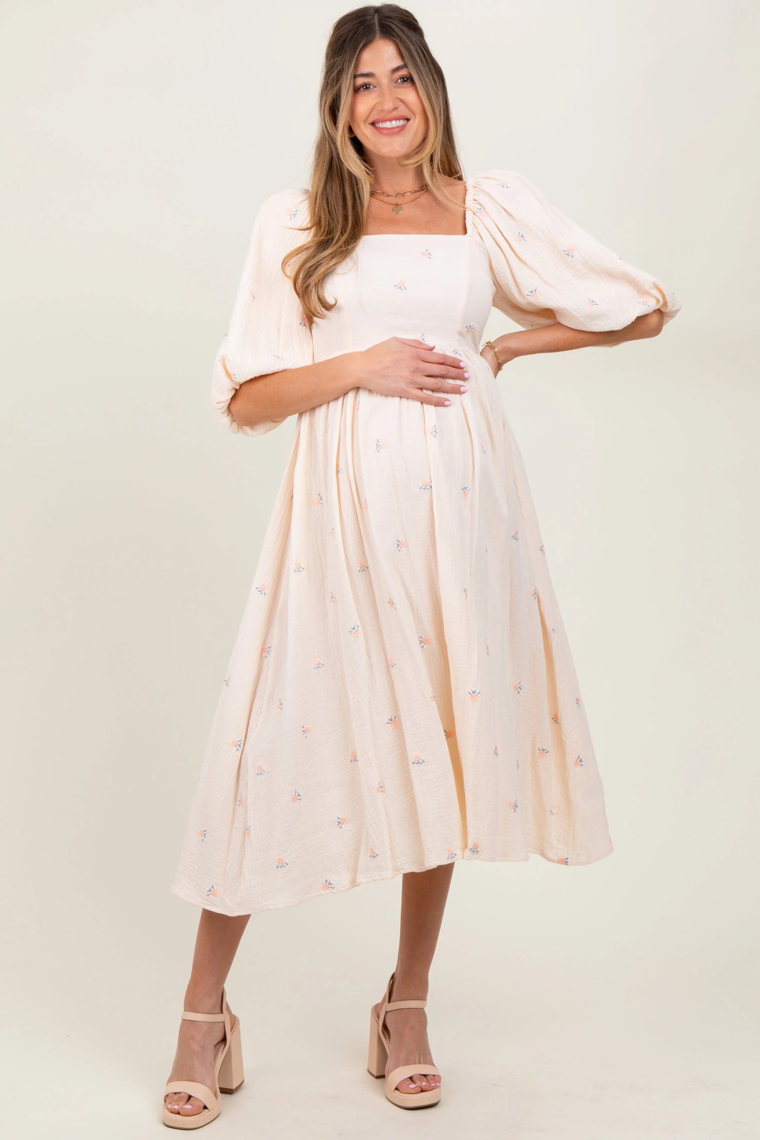 Cream Floral Maternity Midi Dress - Sleeve, Shoulder, Dress, Fashion, Textile | Everetts Place