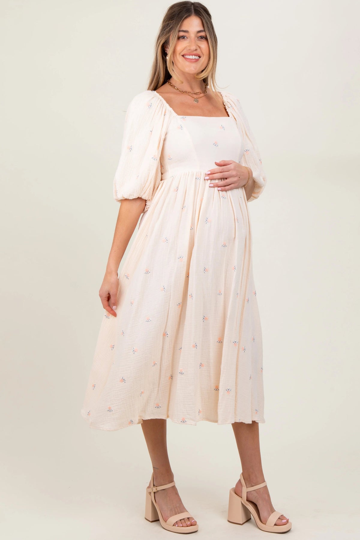 PinkBlush Cream Floral Maternity Midi Dress - 