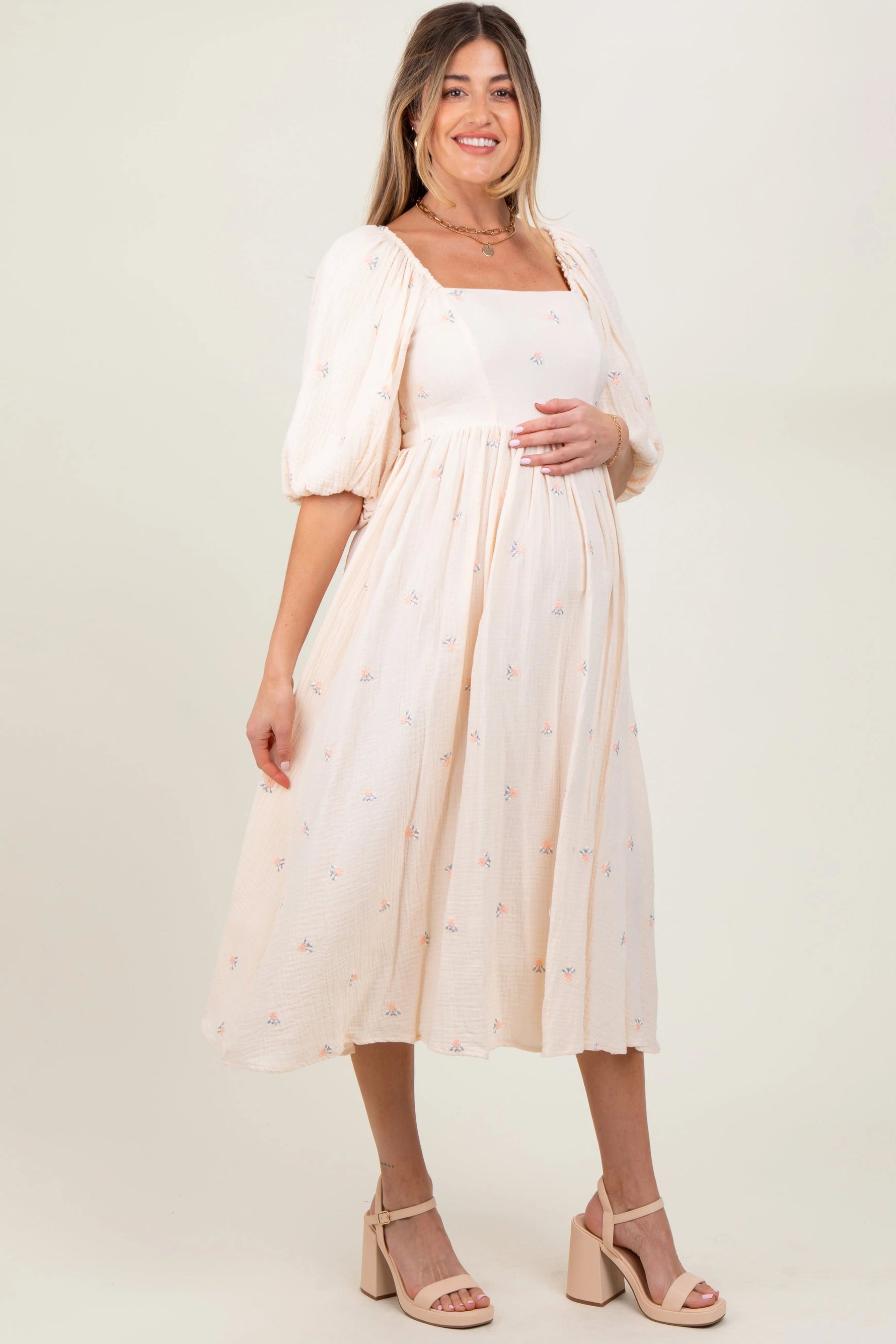 PinkBlush Cream Floral Maternity Midi Dress - 