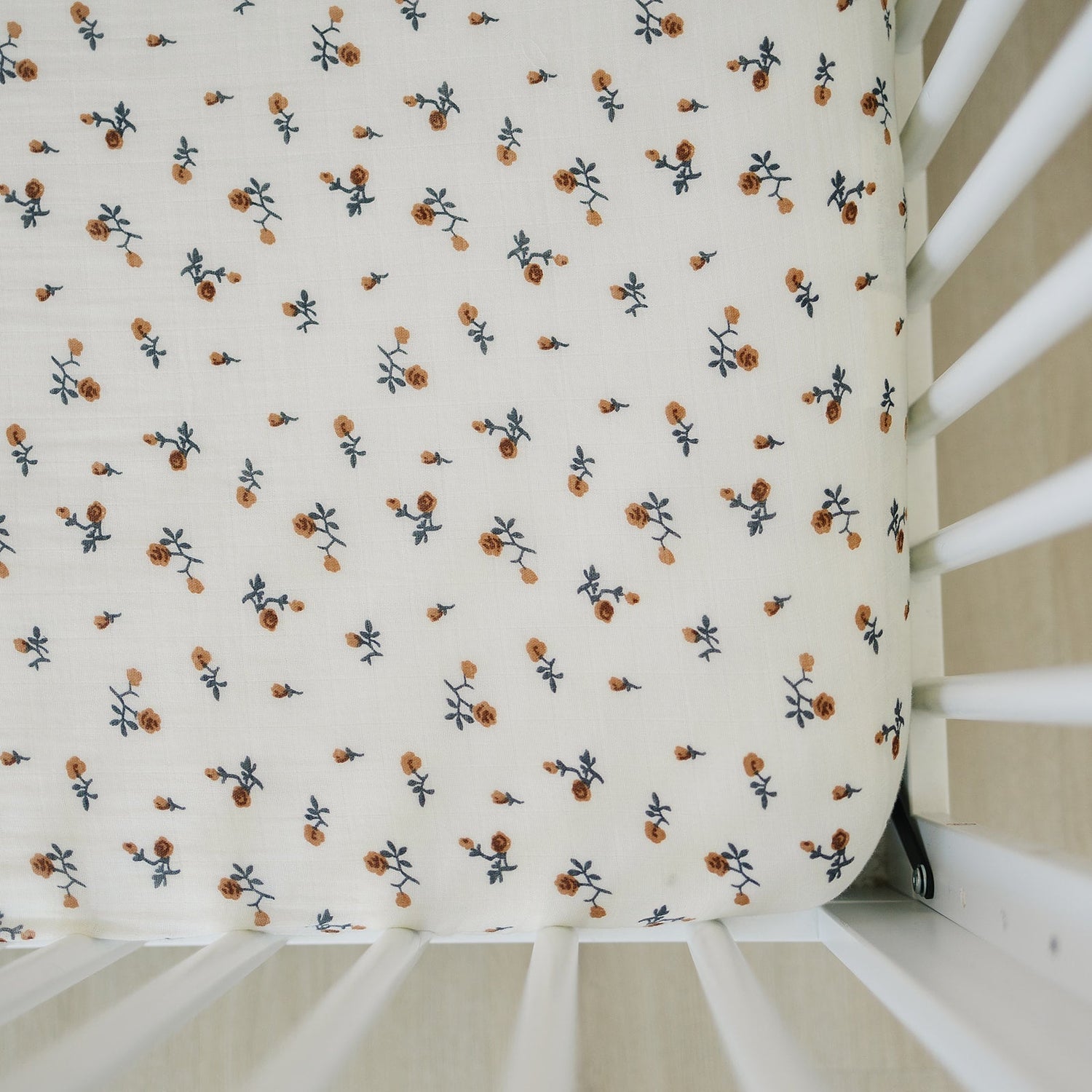 Cream Floral Muslin Crib Sheet - Textile, Brown, Linens, Pollinator, Insect | Everetts Place
