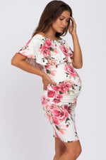 PinkBlush Cream Floral Off Shoulder Maternity Fitted Dress - 