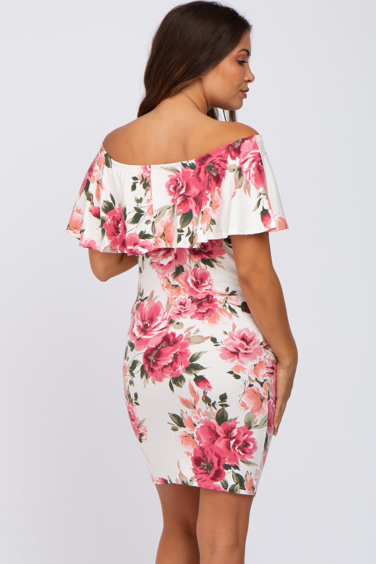 PinkBlush Cream Floral Off Shoulder Maternity Fitted Dress - 