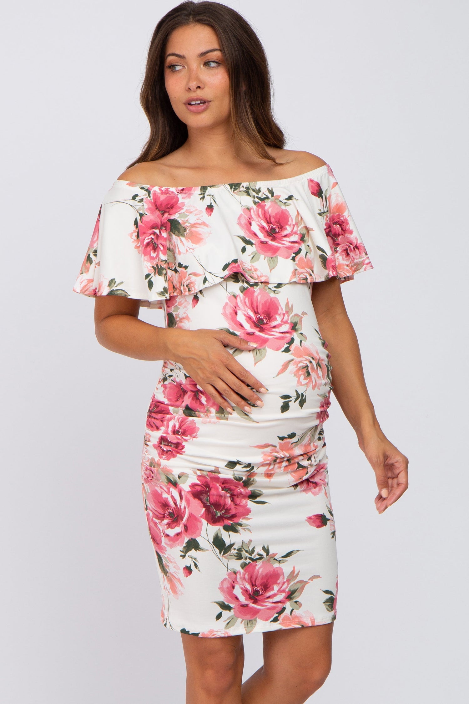 PinkBlush Cream Floral Off Shoulder Maternity Fitted Dress - 