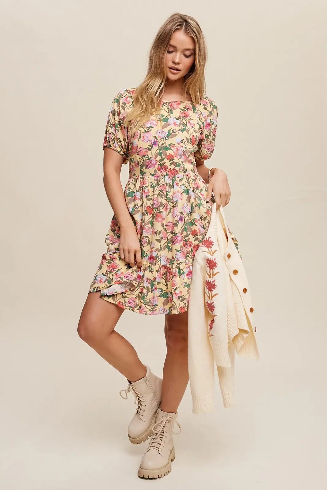 PinkBlush Cream Floral Print Puff Sleeve Dress With Back Tie - 