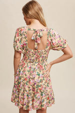 PinkBlush Cream Floral Print Puff Sleeve Dress With Back Tie - 