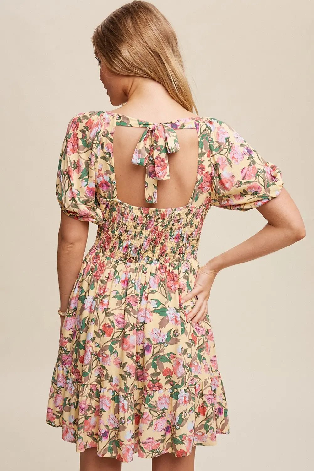 PinkBlush Cream Floral Print Puff Sleeve Dress With Back Tie - 