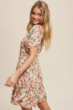 PinkBlush Cream Floral Print Puff Sleeve Dress With Back Tie - 