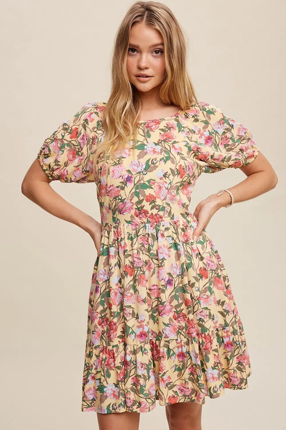Cream Floral Print Puff Sleeve Dress With Back Tie - Sleeve, Day Dress, One-piece garment, Dress, Pink | Everetts Place