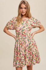 Cream Floral Print Puff Sleeve Dress With Back Tie - Sleeve, Day Dress, One-piece garment, Dress, Pink | Everetts Place
