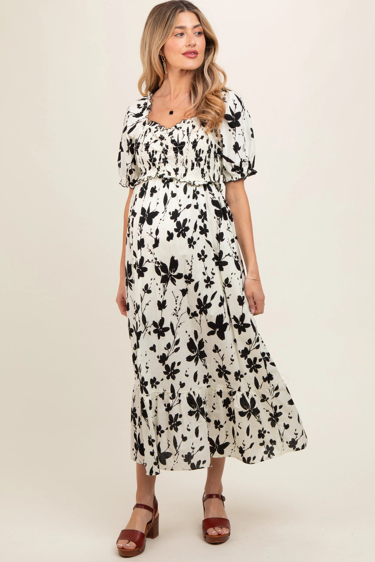 PinkBlush Cream Floral Puff Sleeve Maternity Midi Dress - 
