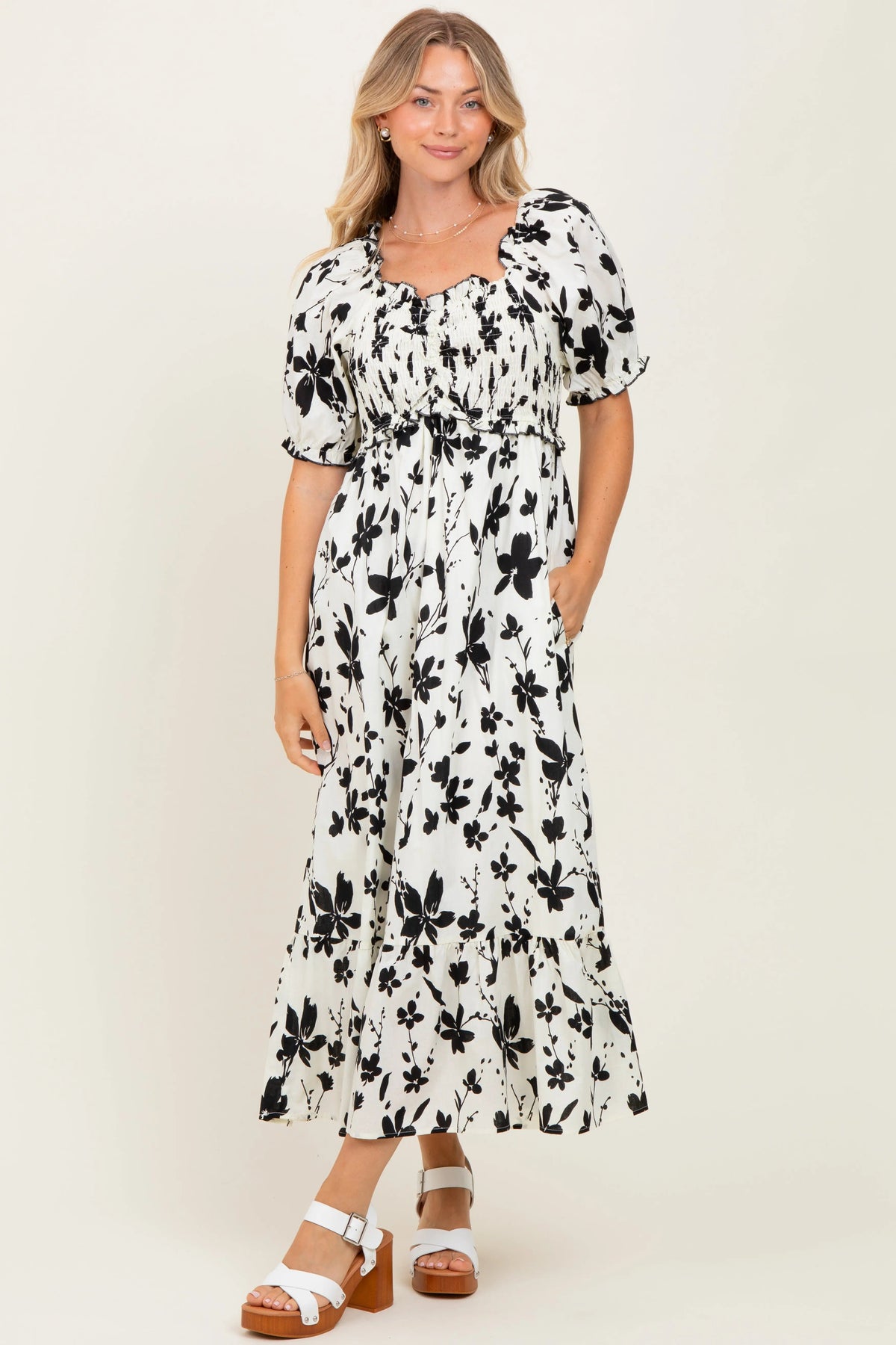 PinkBlush Cream Floral Puff Sleeve Maternity Midi Dress - 
