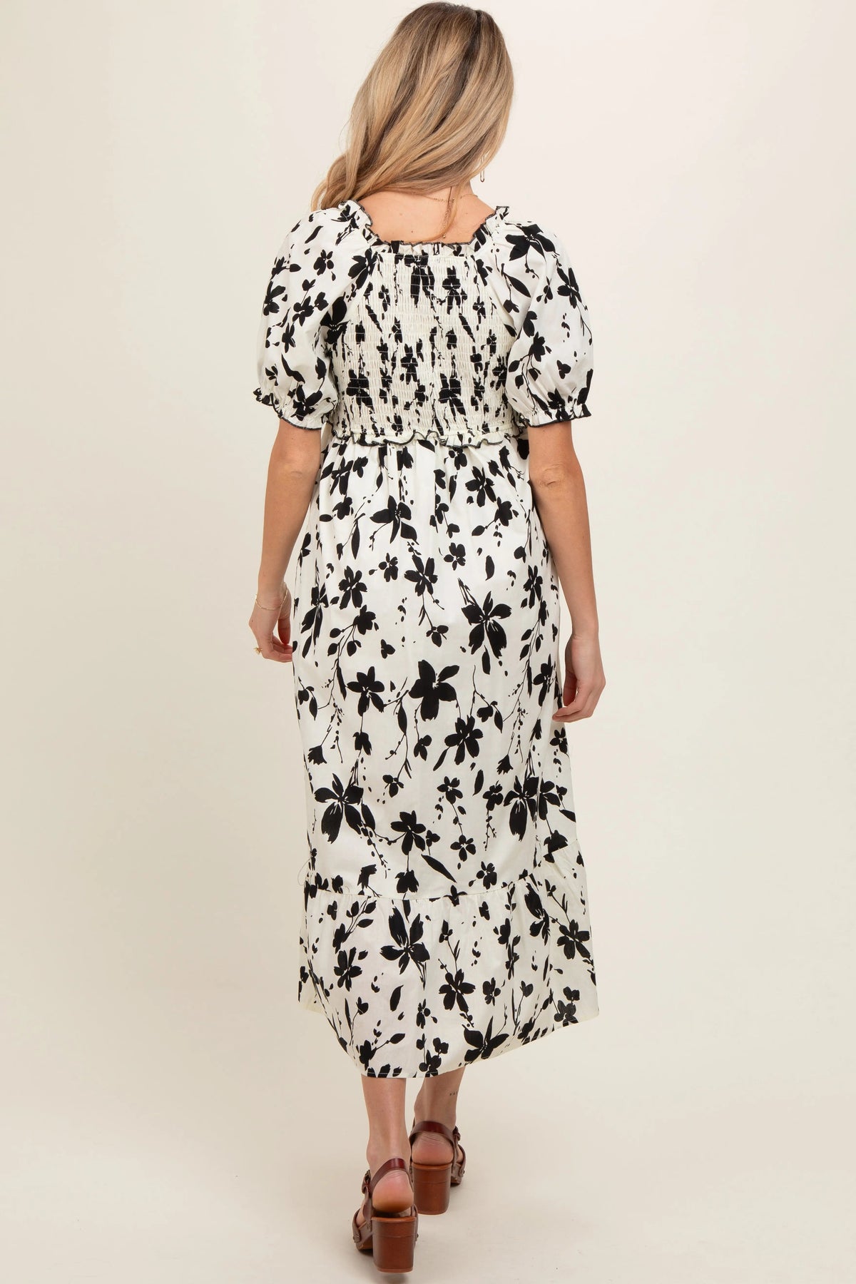PinkBlush Cream Floral Puff Sleeve Maternity Midi Dress - 