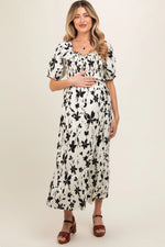 PinkBlush Cream Floral Puff Sleeve Maternity Midi Dress - 