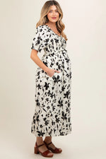 PinkBlush Cream Floral Puff Sleeve Maternity Midi Dress - 