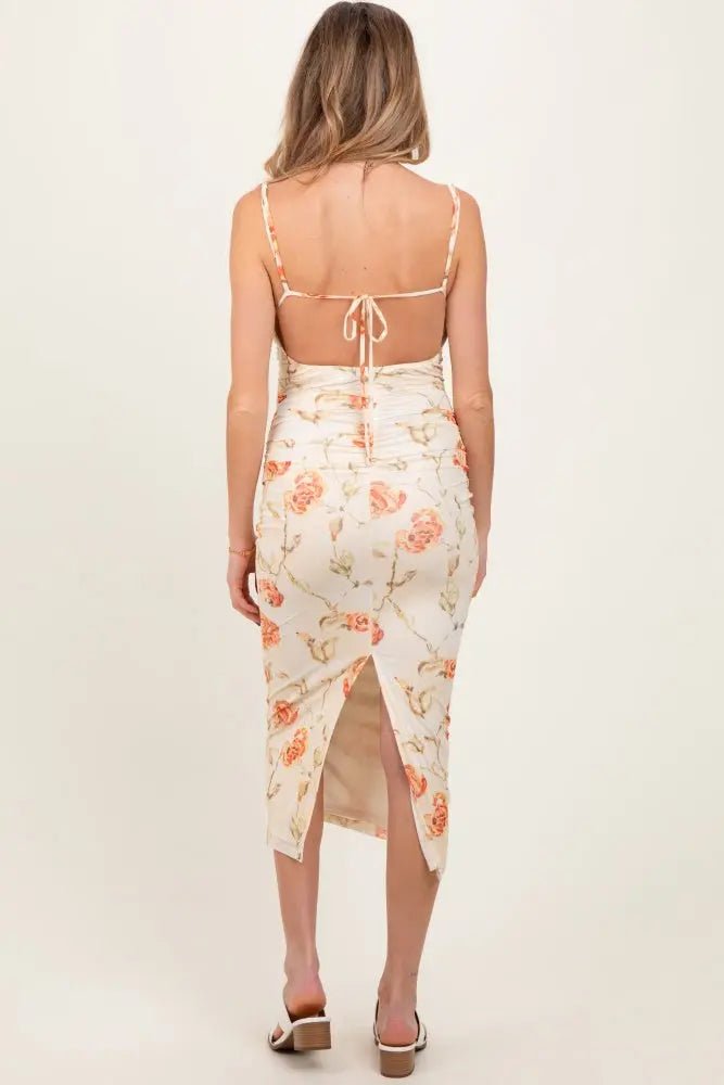 PinkBlush Cream Floral Ruched Low Tie Back Maternity Midi Dress - 