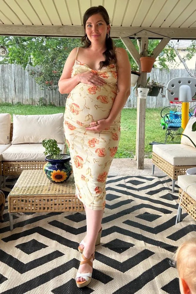 PinkBlush Cream Floral Ruched Low Tie Back Maternity Midi Dress - 