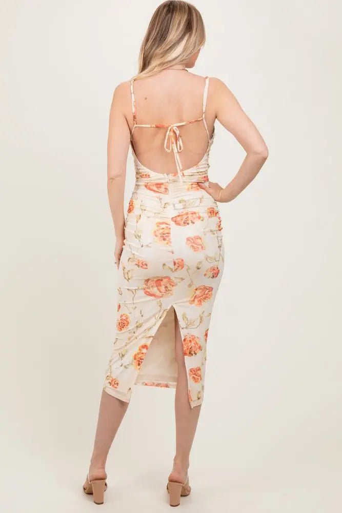 PinkBlush Cream Floral Ruched Low Tie Back Midi Dress - 