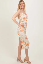 PinkBlush Cream Floral Ruched Low Tie Back Midi Dress - 
