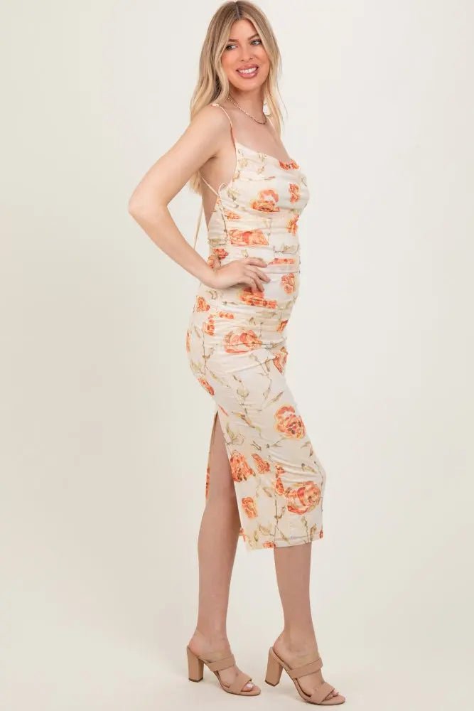 PinkBlush Cream Floral Ruched Low Tie Back Midi Dress - 