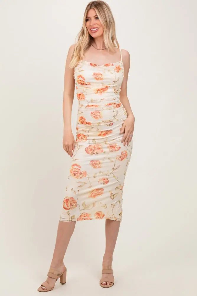 PinkBlush Cream Floral Ruched Low Tie Back Midi Dress - 