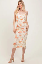 PinkBlush Cream Floral Ruched Low Tie Back Midi Dress - 