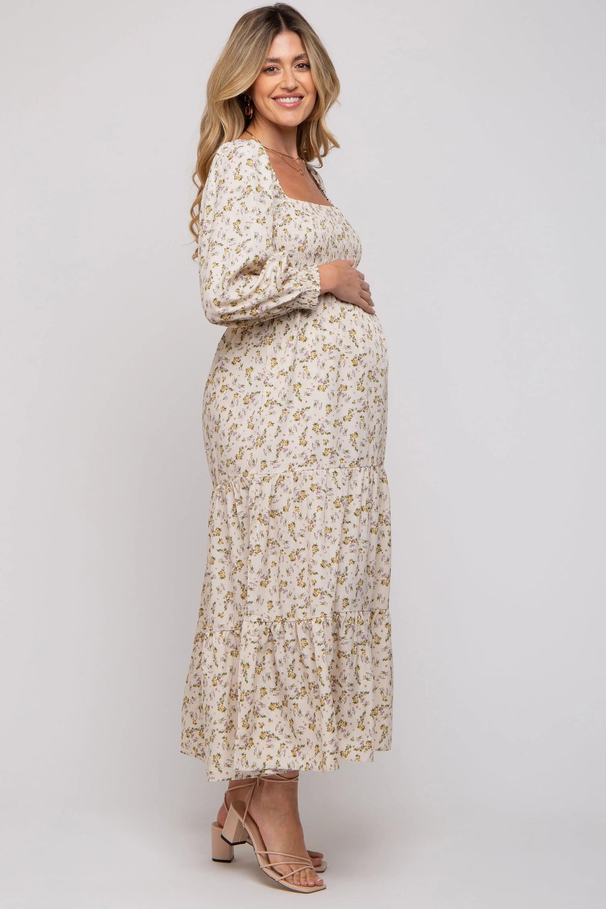 PinkBlush Cream Floral Smocked Long Sleeve Maternity Maxi Dress - 