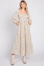 PinkBlush Cream Floral Smocked Long Sleeve Maternity Maxi Dress - 