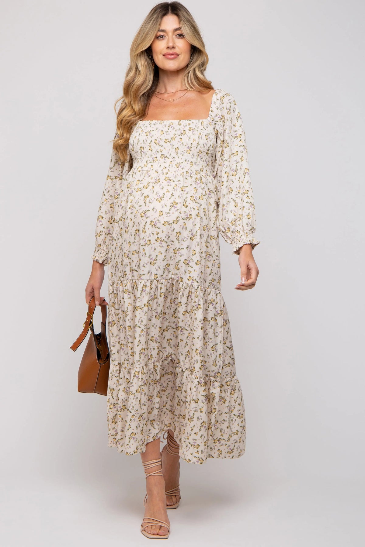 PinkBlush Cream Floral Smocked Long Sleeve Maternity Maxi Dress - 