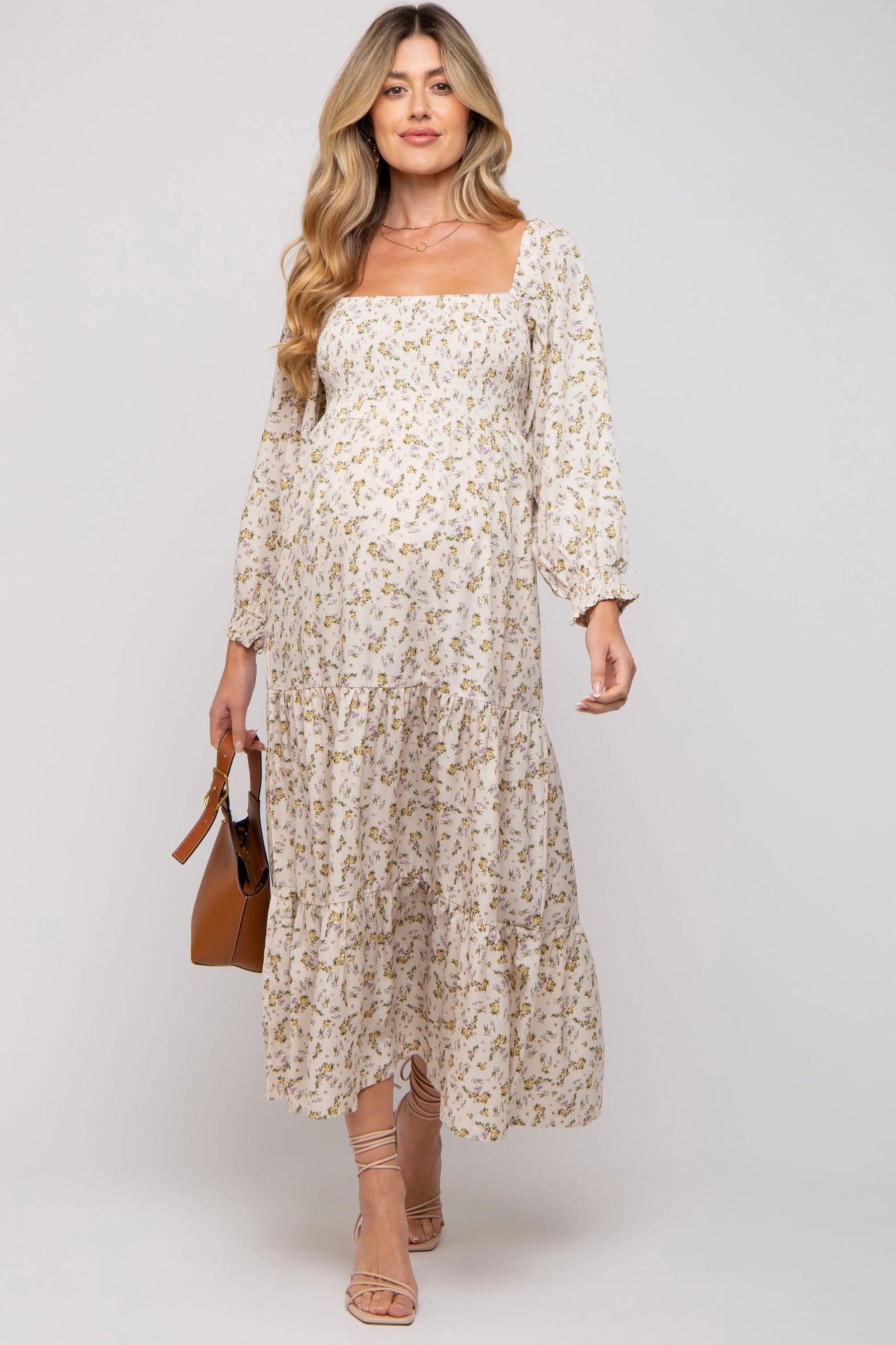 PinkBlush Cream Floral Smocked Long Sleeve Maternity Maxi Dress - 
