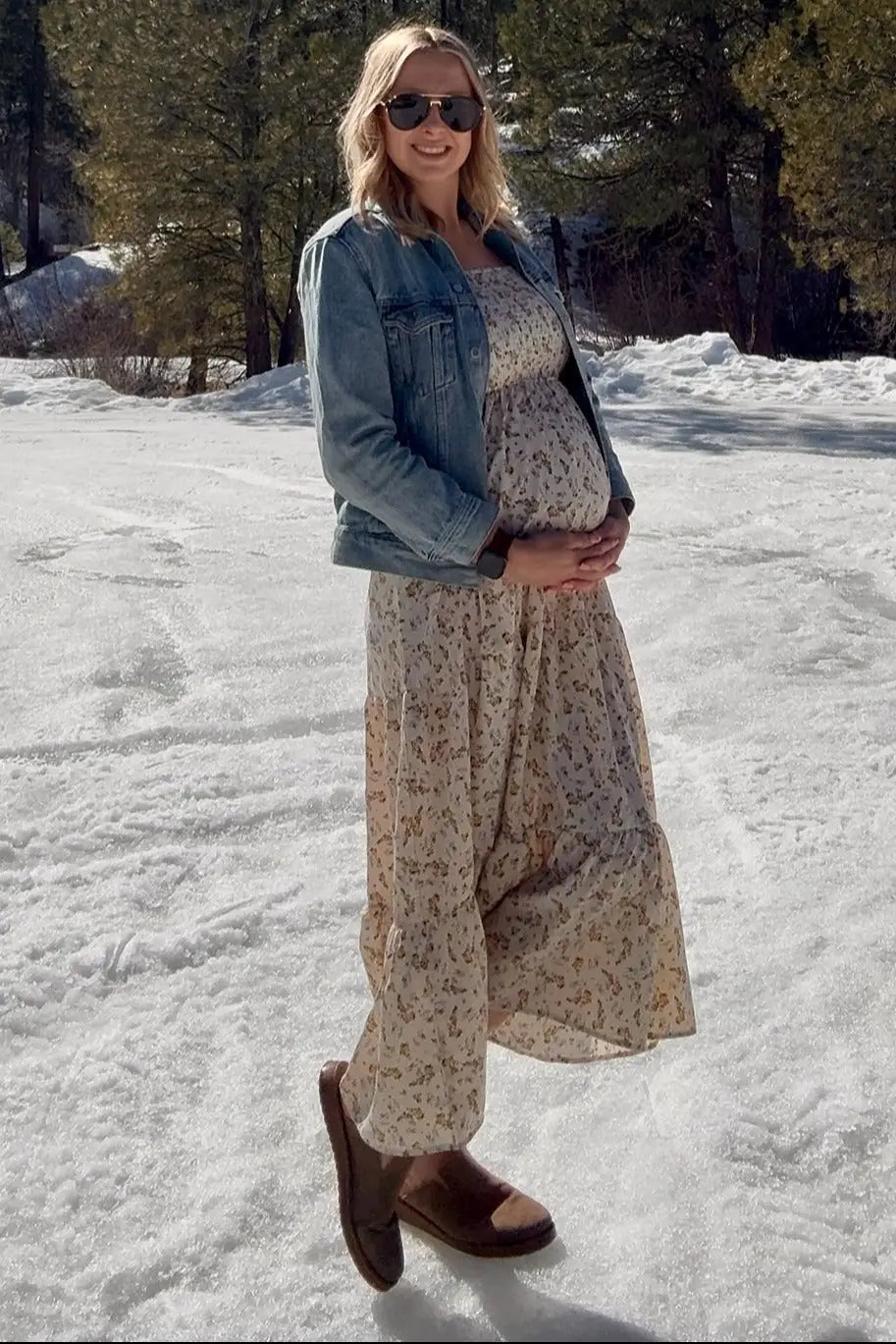 PinkBlush Cream Floral Smocked Long Sleeve Maternity Maxi Dress - 