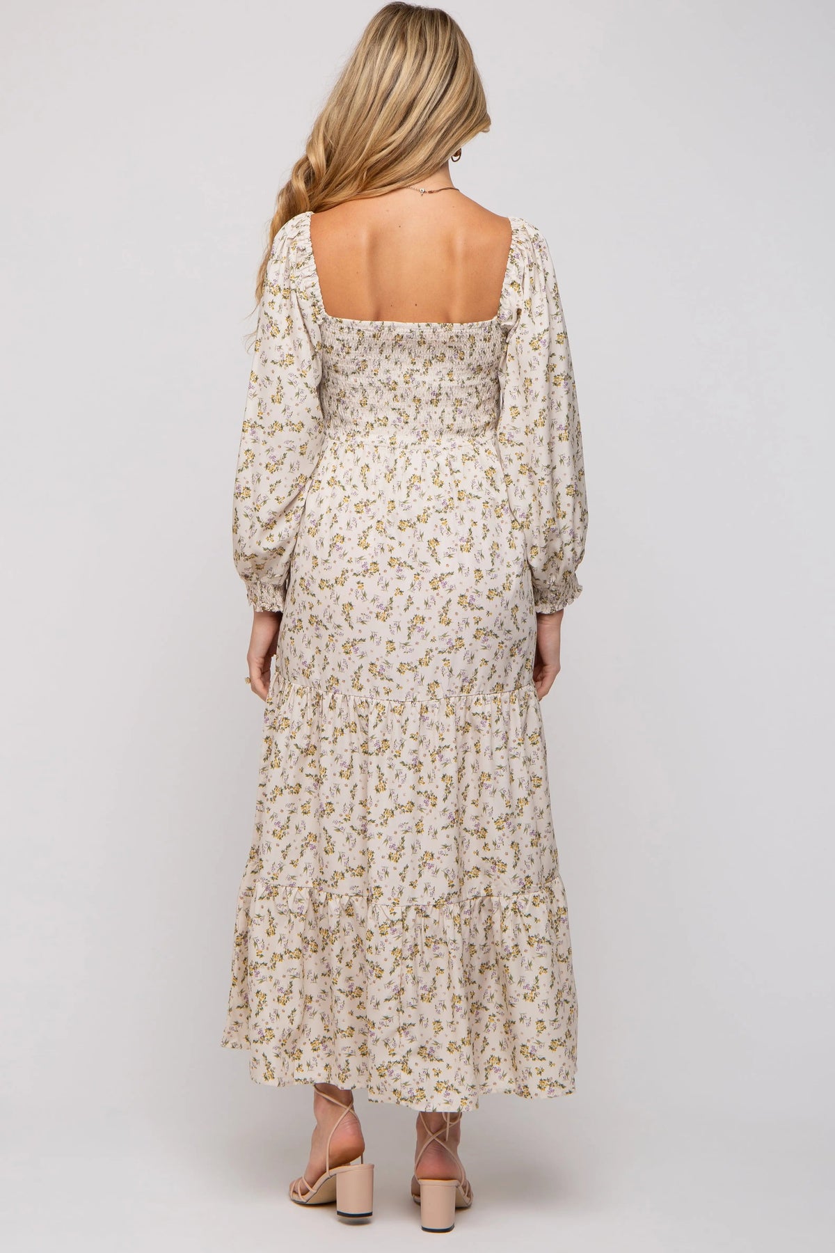PinkBlush Cream Floral Smocked Long Sleeve Maternity Maxi Dress - 