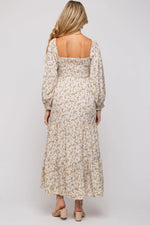 PinkBlush Cream Floral Smocked Long Sleeve Maternity Maxi Dress - 