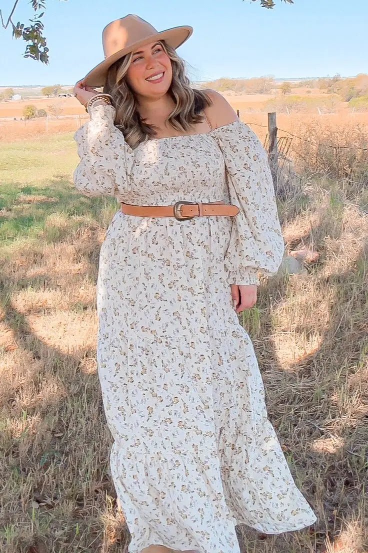 PinkBlush Cream Floral Smocked Long Sleeve Maxi Dress - 