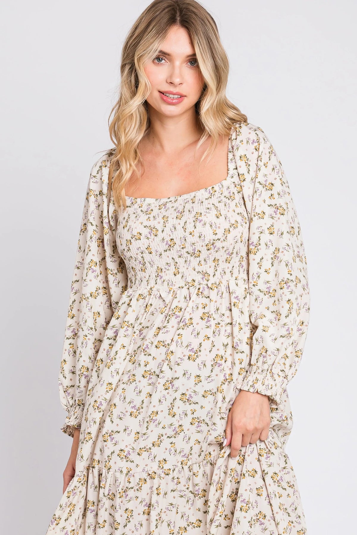 PinkBlush Cream Floral Smocked Long Sleeve Maxi Dress - 
