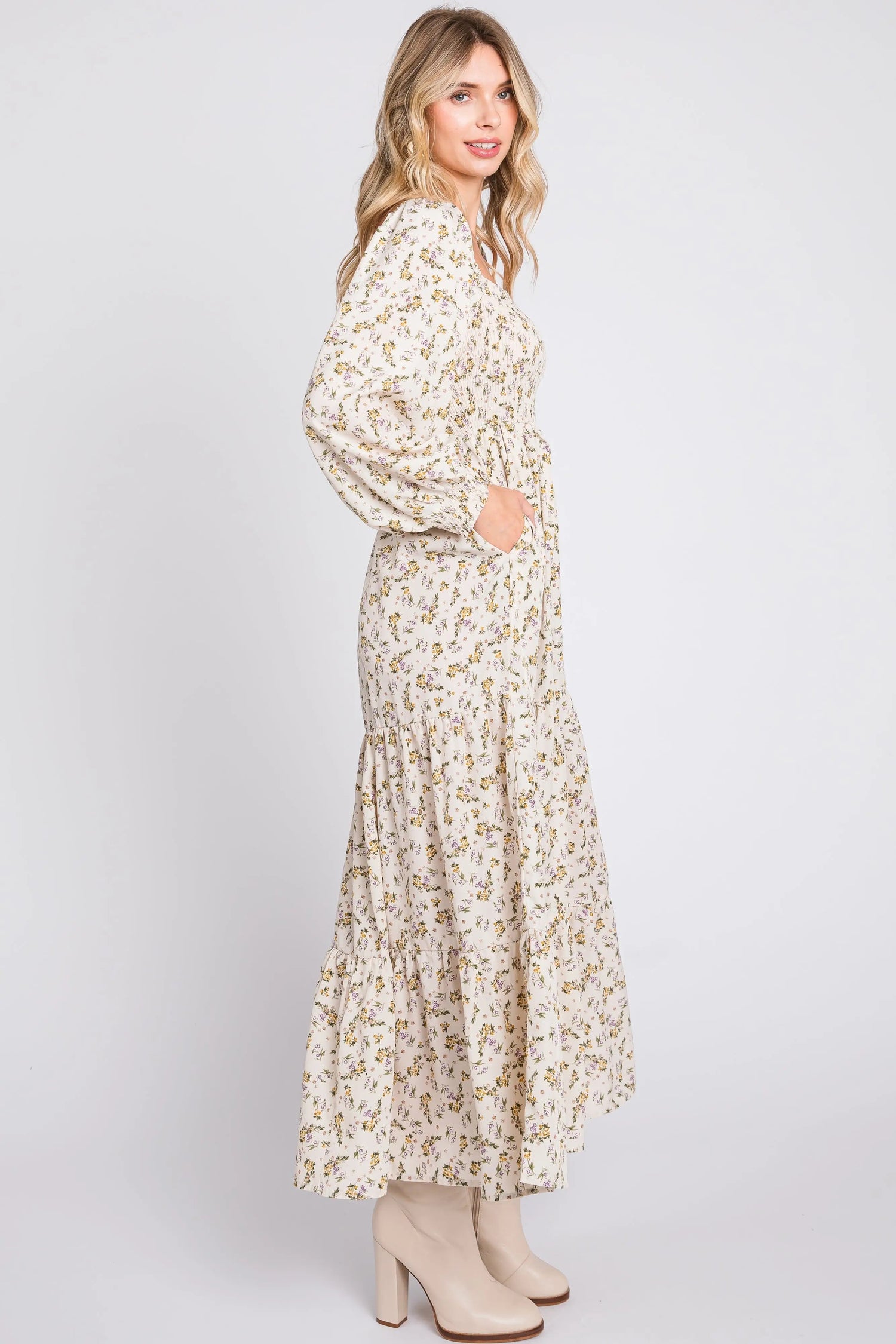PinkBlush Cream Floral Smocked Long Sleeve Maxi Dress - 