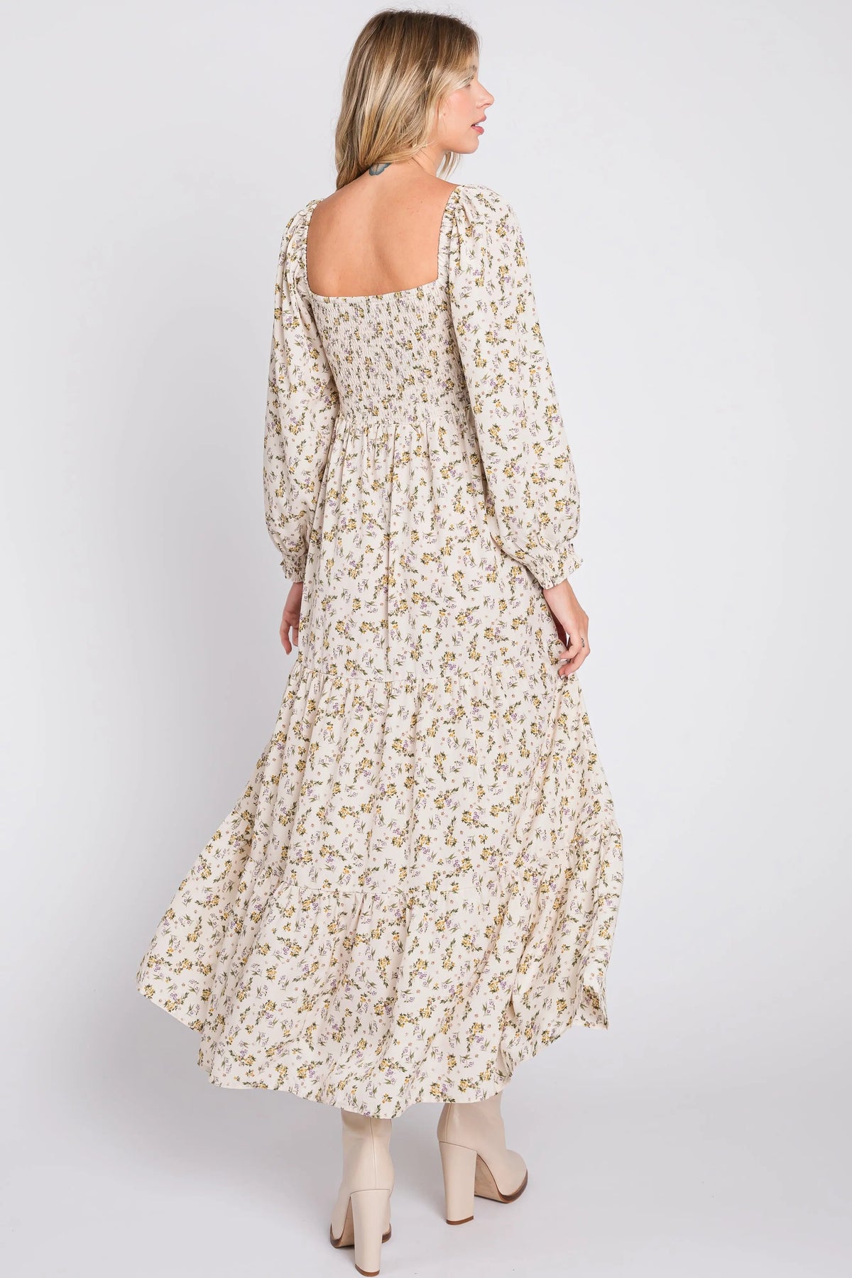 PinkBlush Cream Floral Smocked Long Sleeve Maxi Dress - 