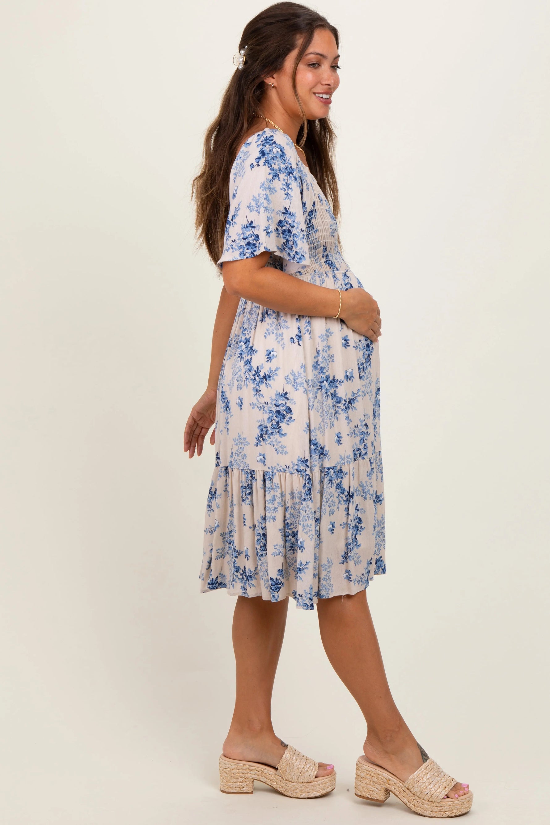 PinkBlush Cream Floral Smocked Maternity Midi Dress - 
