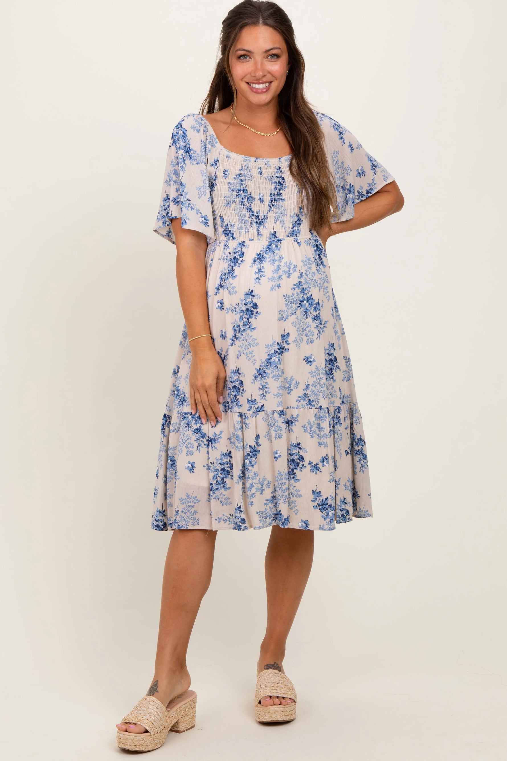 PinkBlush Cream Floral Smocked Maternity Midi Dress - 