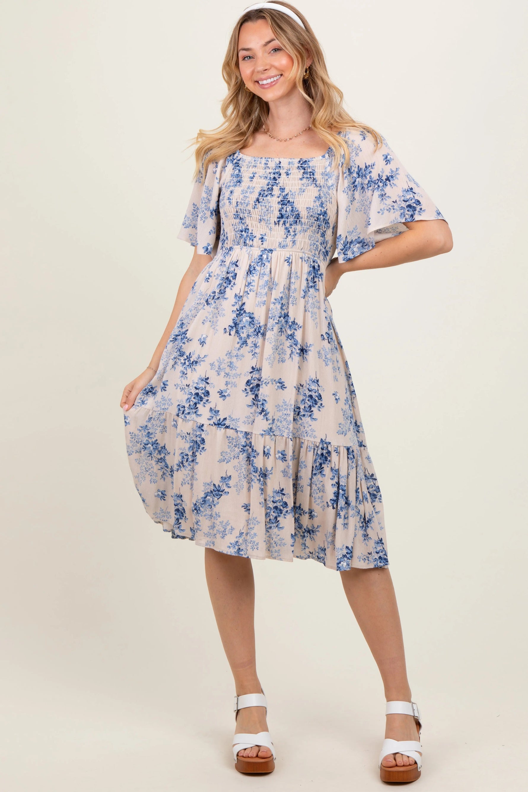 PinkBlush Cream Floral Smocked Maternity Midi Dress - 