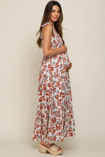 PinkBlush Cream Floral Smocked Shoulder Tie Tiered Maternity Maxi Dress - 