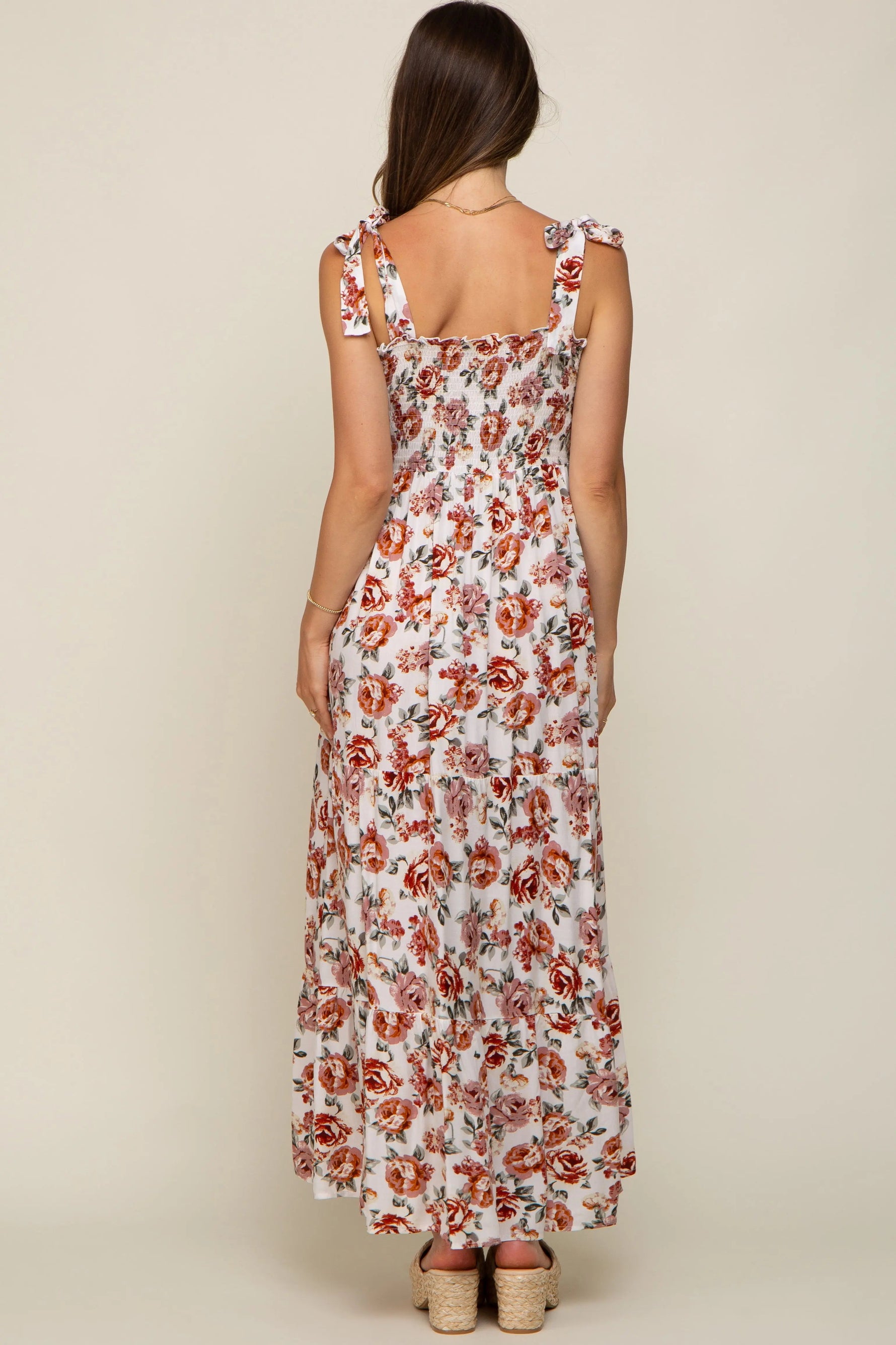 PinkBlush Cream Floral Smocked Shoulder Tie Tiered Maternity Maxi Dress - 