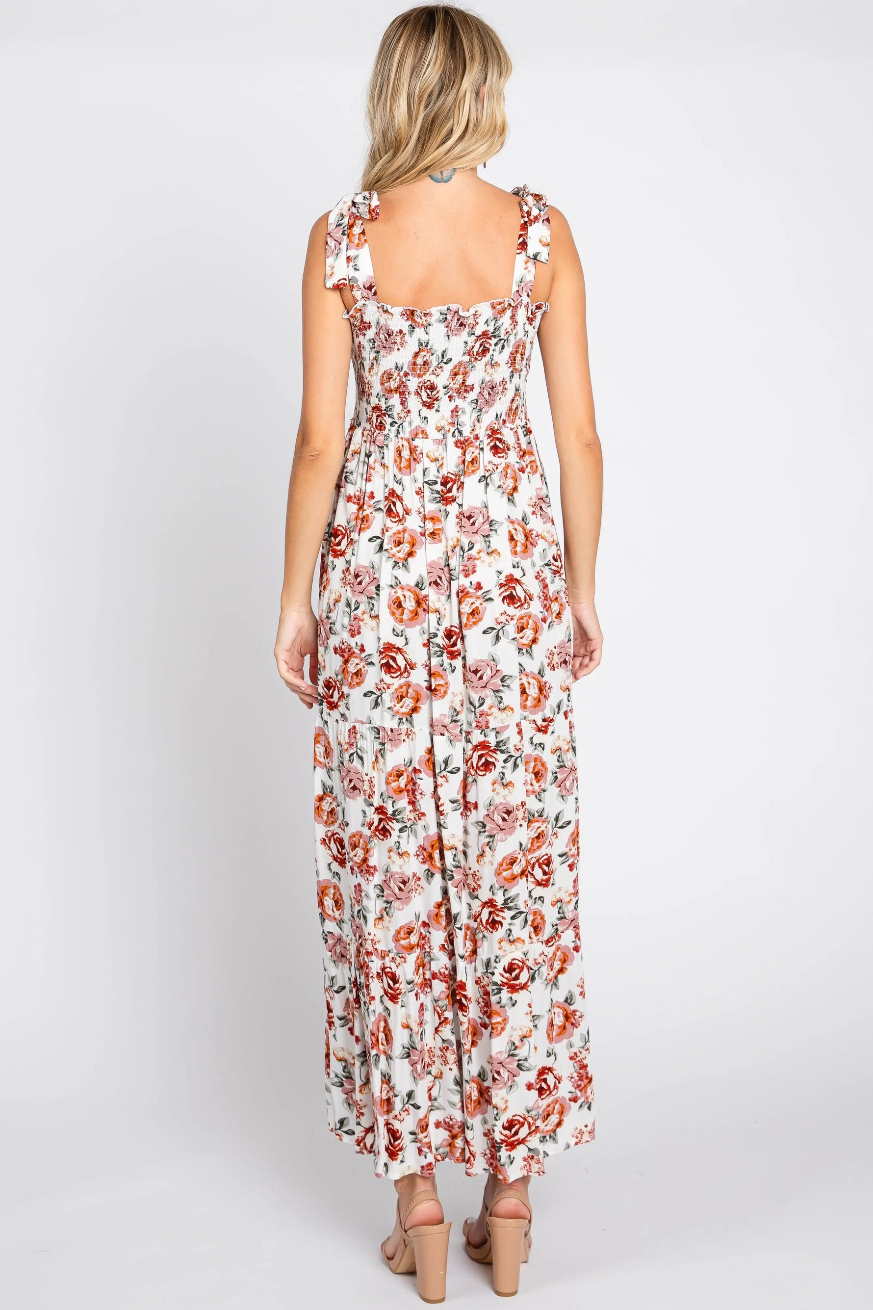 PinkBlush Cream Floral Smocked Shoulder Tie Tiered Maxi Dress - 