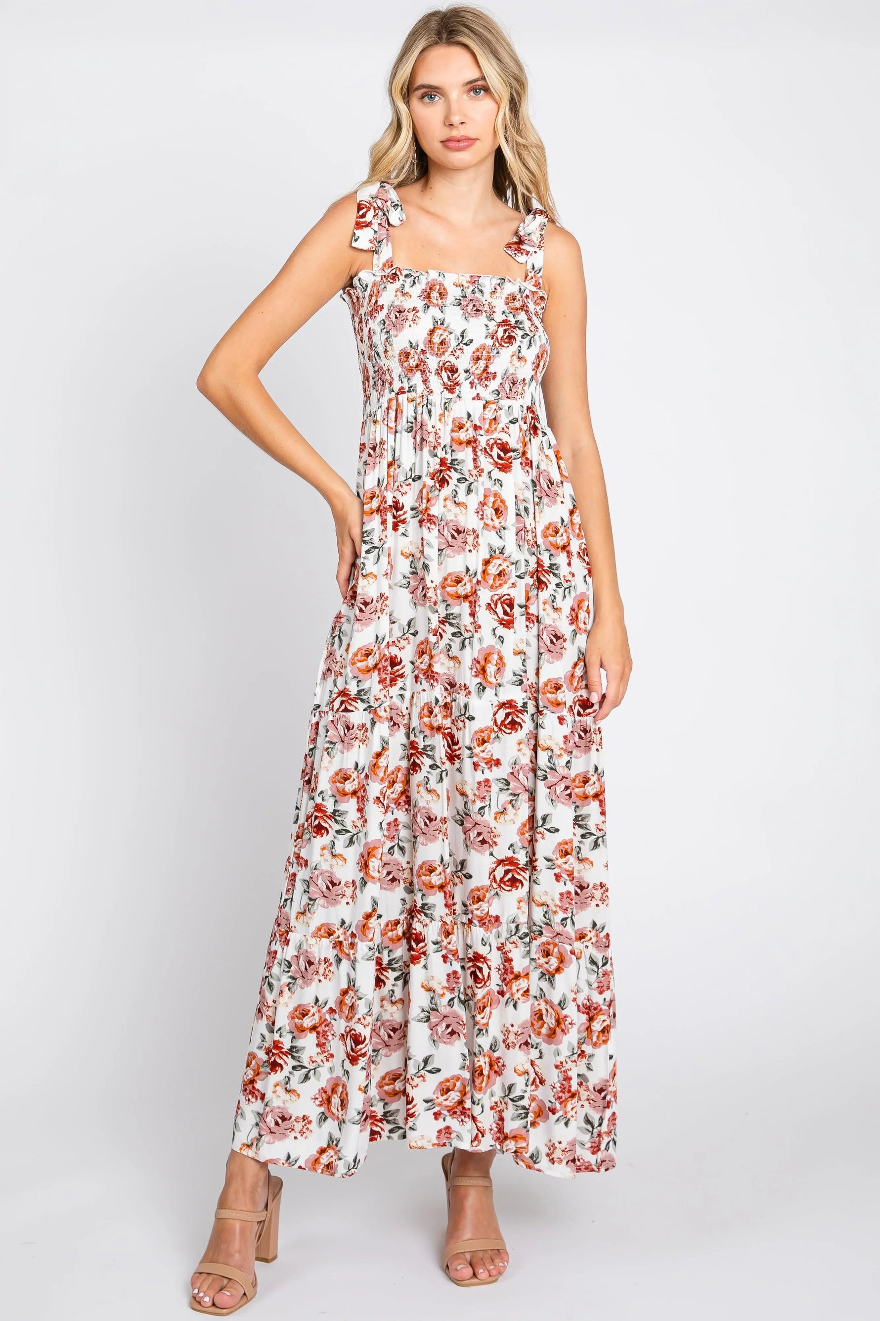 Cream Floral Smocked Shoulder Tie Tiered Maxi Dress - Day Dress, One-piece garment, Dress, Waist, Fashion design | Everetts Place