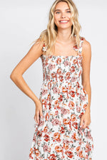 PinkBlush Cream Floral Smocked Shoulder Tie Tiered Maxi Dress - 