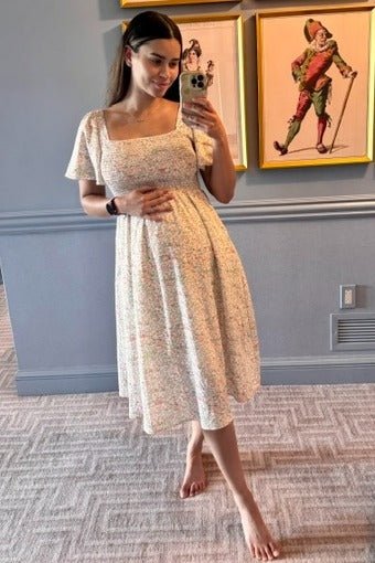 PinkBlush Cream Floral Smocked Square Neck Maternity Midi Dress