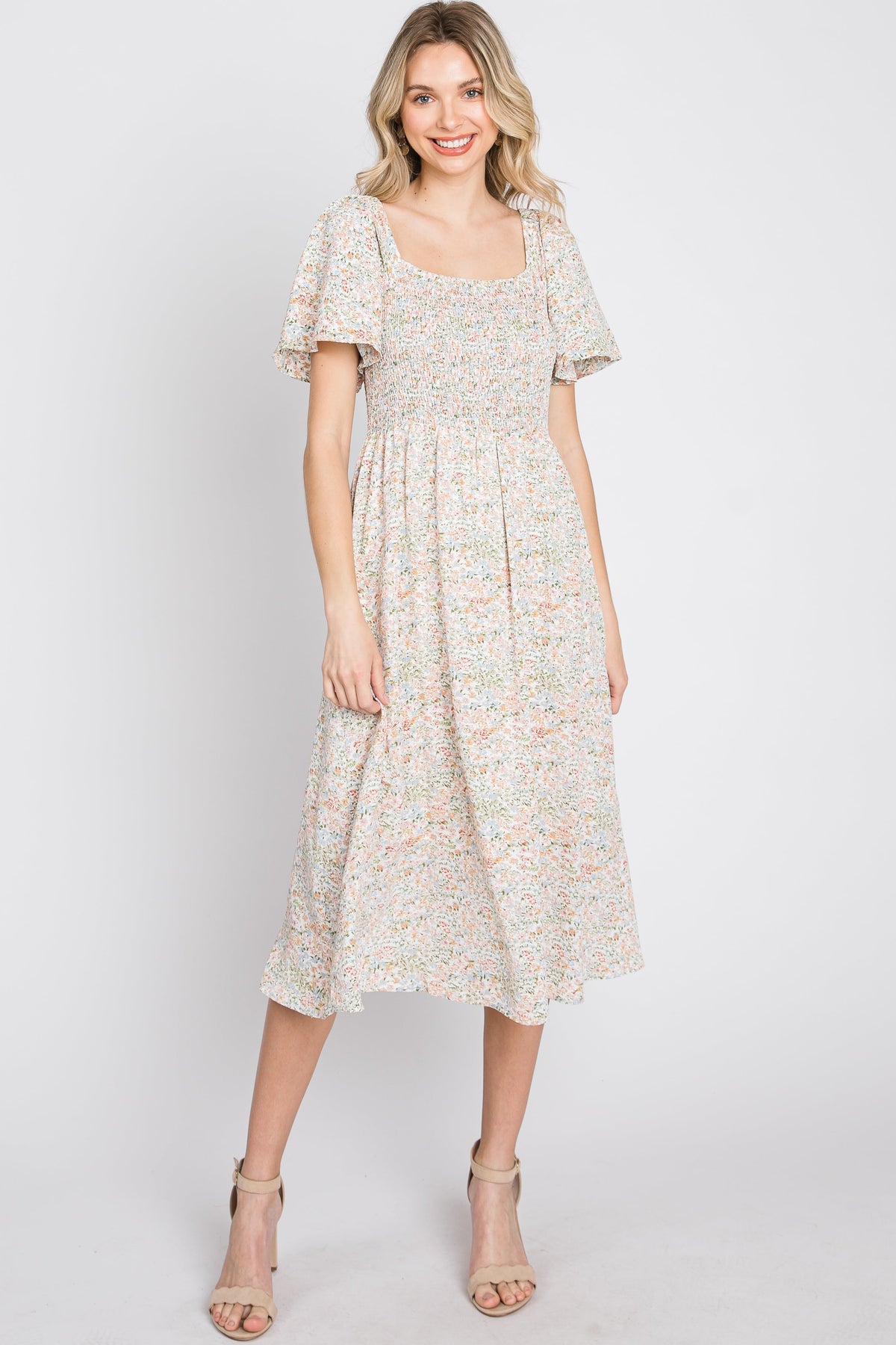 PinkBlush Cream Floral Smocked Square Neck Maternity Midi Dress